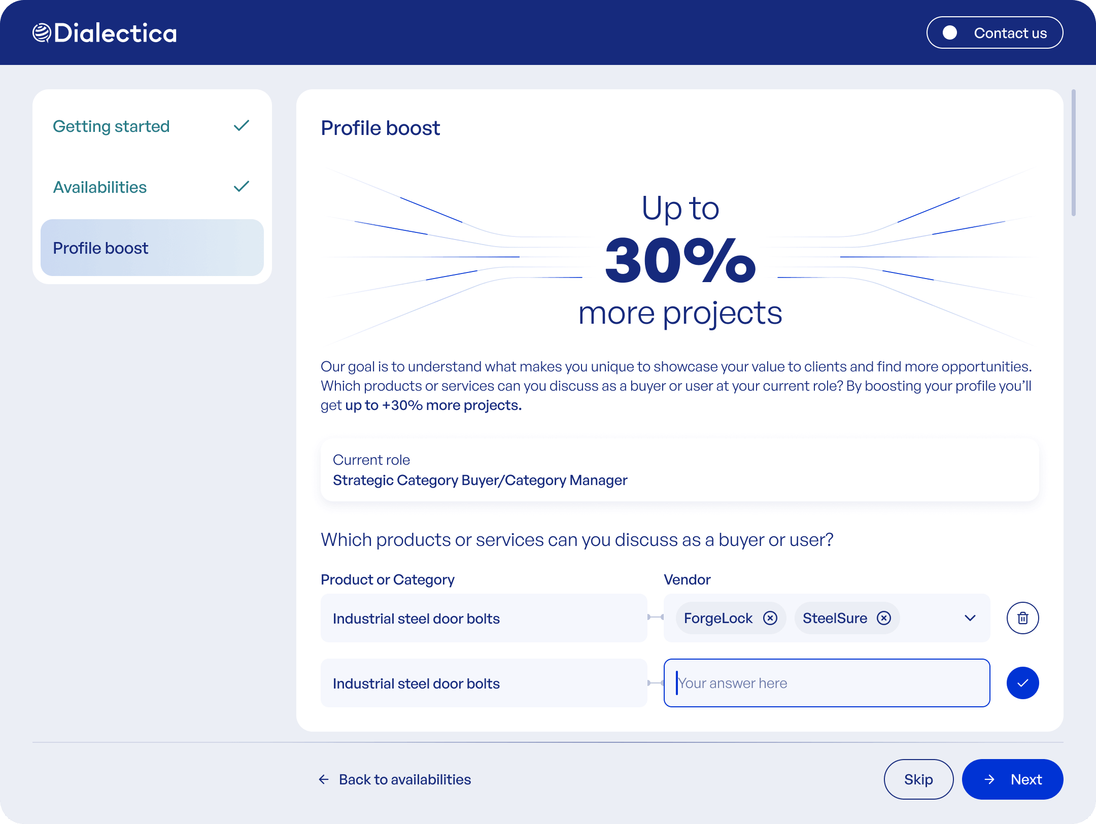 Profile Boost v1: experts type product and vendor rows into free-text fields